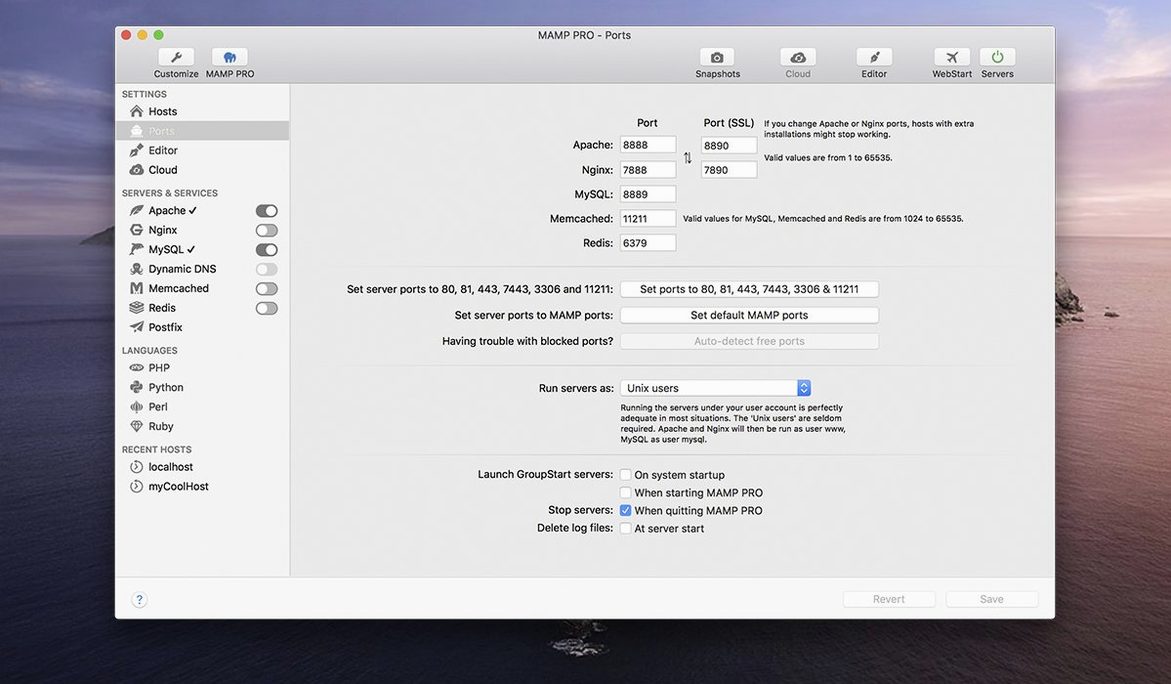 MAMP PRO toolbar view 2